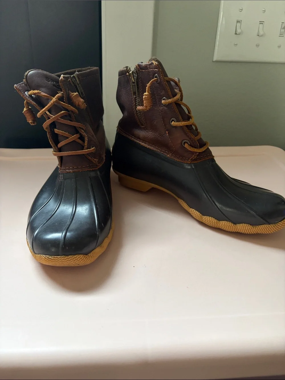 Sperry Brown Leather and Black Rubber Rain Boots with Tan Outsole